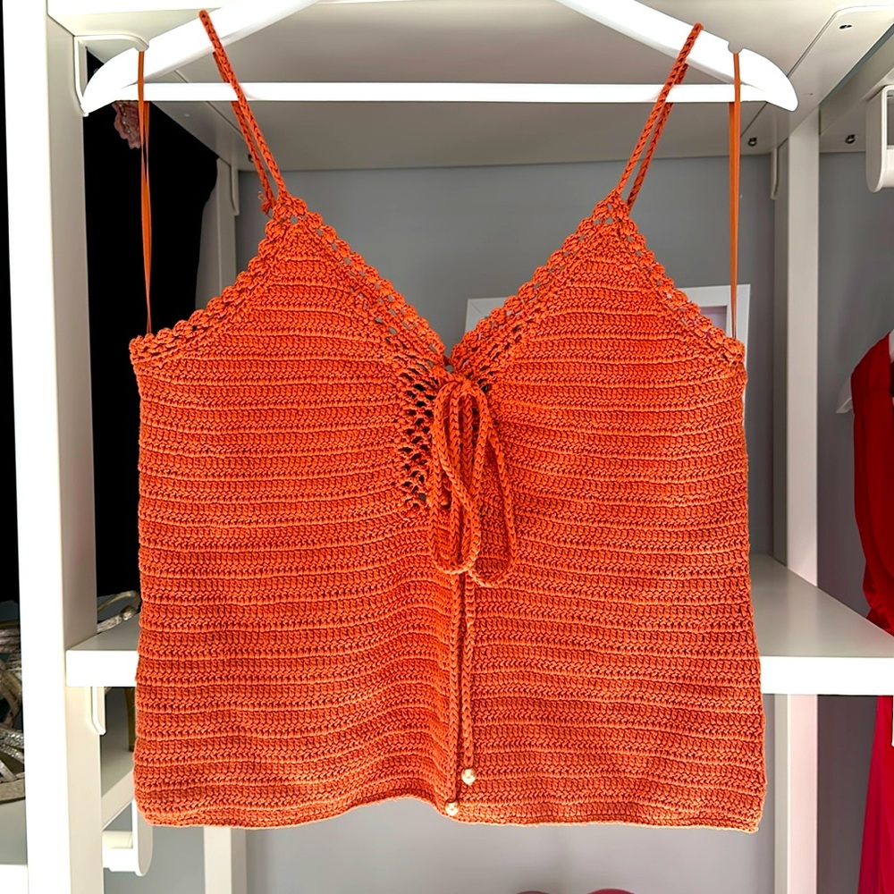 Intermix Cheyenne Burnt Orange Crochet Tank Top with Tie Tassles